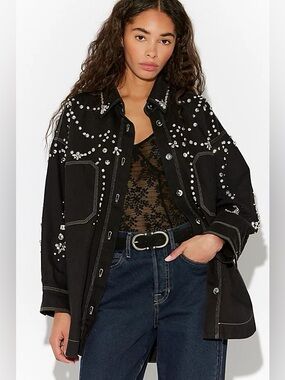 NWT! FP Free People Silver Bells Embellished Shacket Sz XS